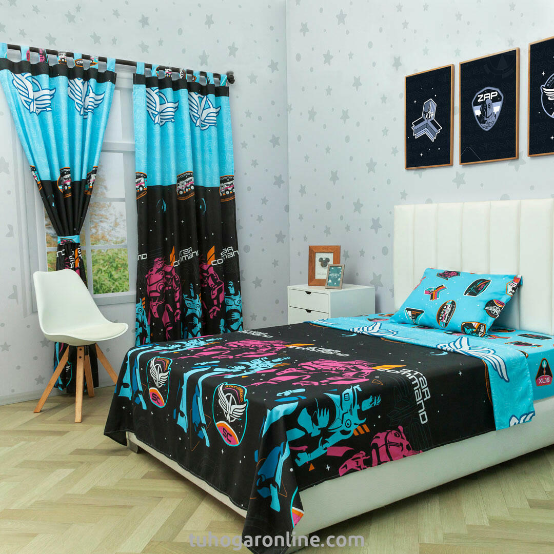 Juego De Sábana Con Cortina Disney Azul Celeste Buzz Ligthyear Estampados Animados