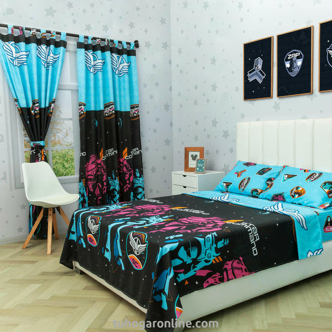 Juego De Sábana Con Cortinas Cama Doble Disney Lightyear Comando Estelar Negro Estampados Animados