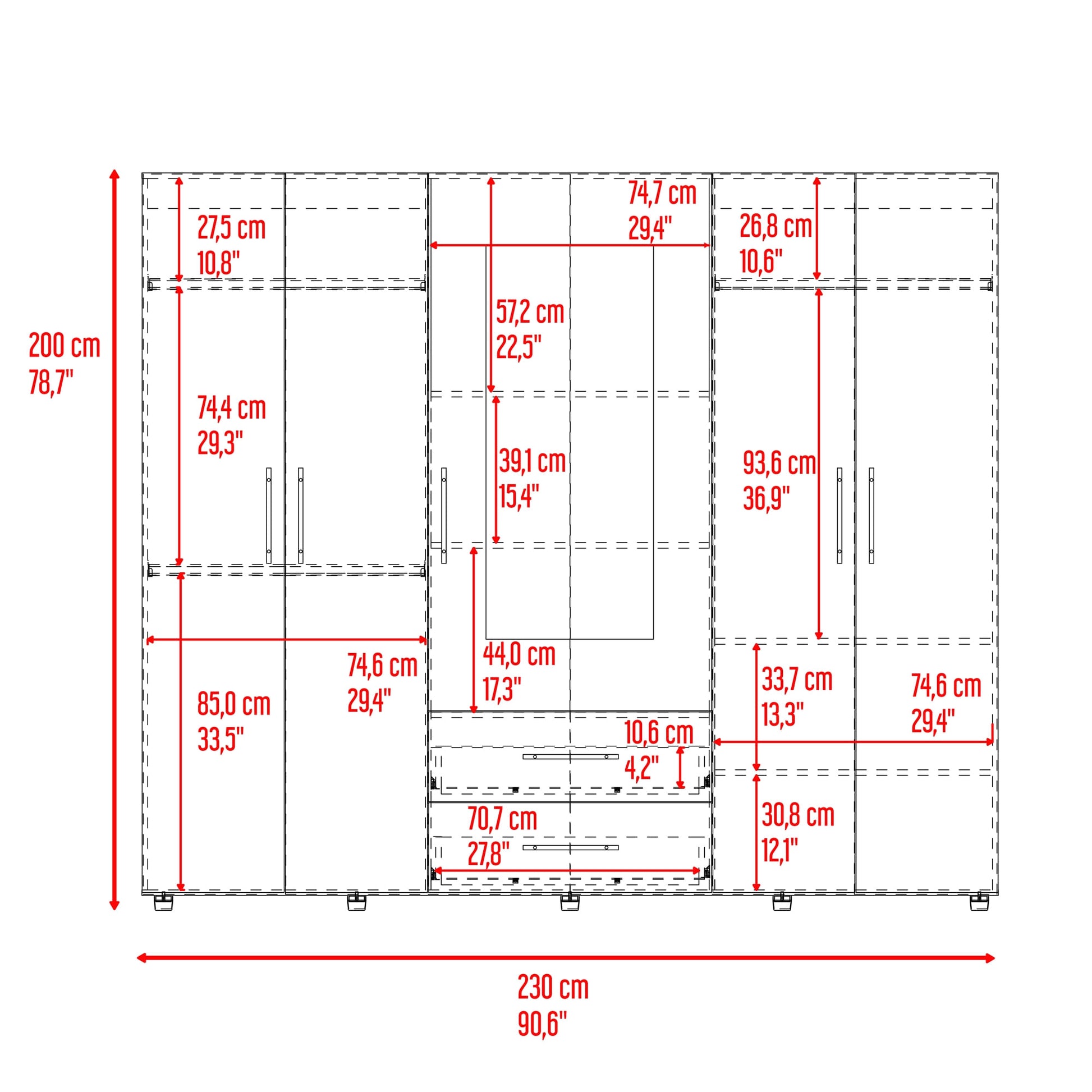 Closet Bigaf Espejo 200X230X48 Rta Fresno Eu Blanco Mqz