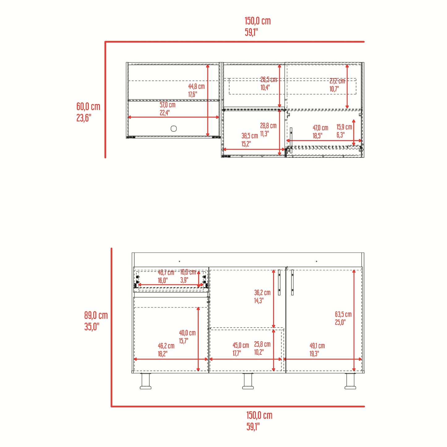 Cocina Ladson Para Mesón Derecho 210X150X53 Rta Blanco Positano