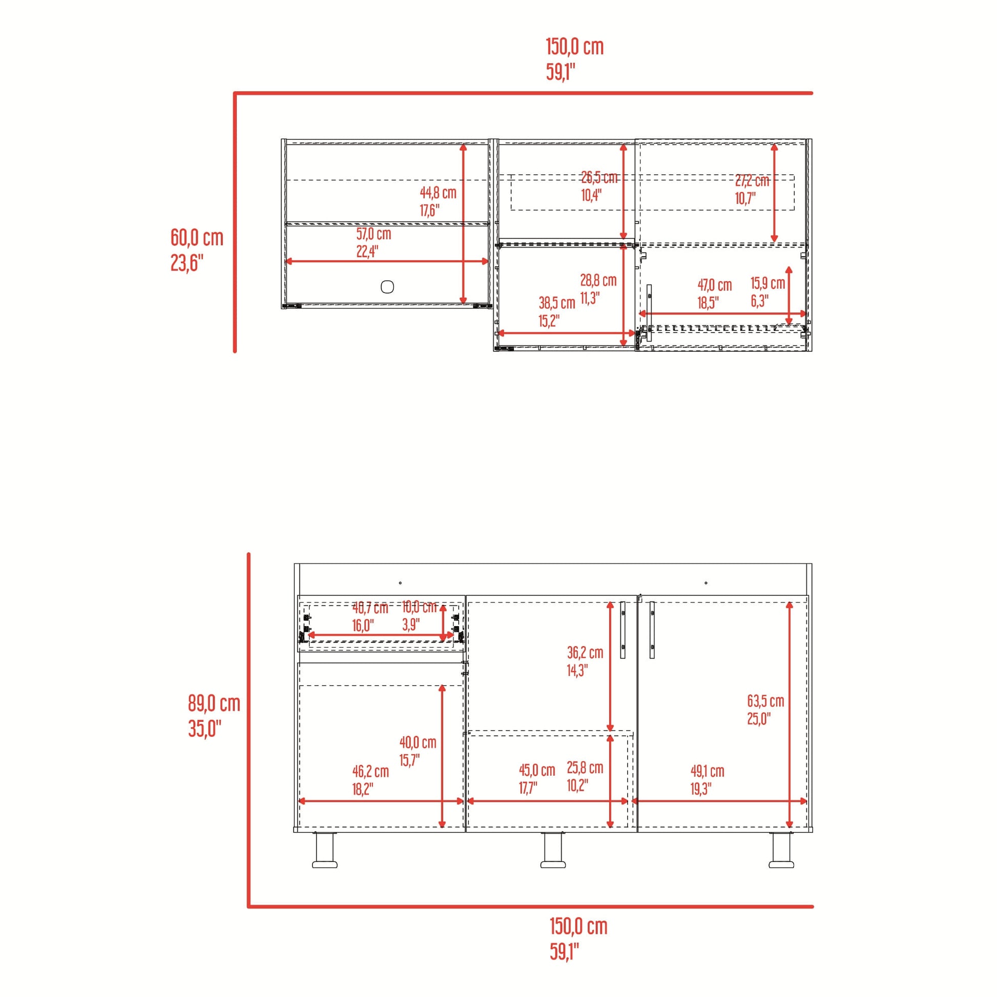 Cocina Ladson Para Mesón Derecho 210X150X53 Rta Blanco Positano
