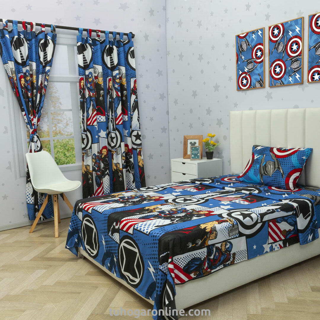 Juego De Sábana Con Cortina Disney Azul Avengers Estampados Animados