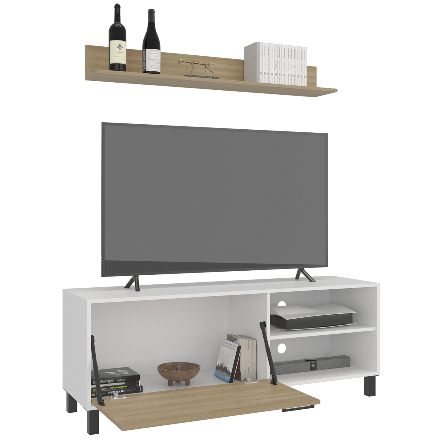 Rack Tv Bryce 55" + Repisa 53X140X40 Rta Blanco Fresno