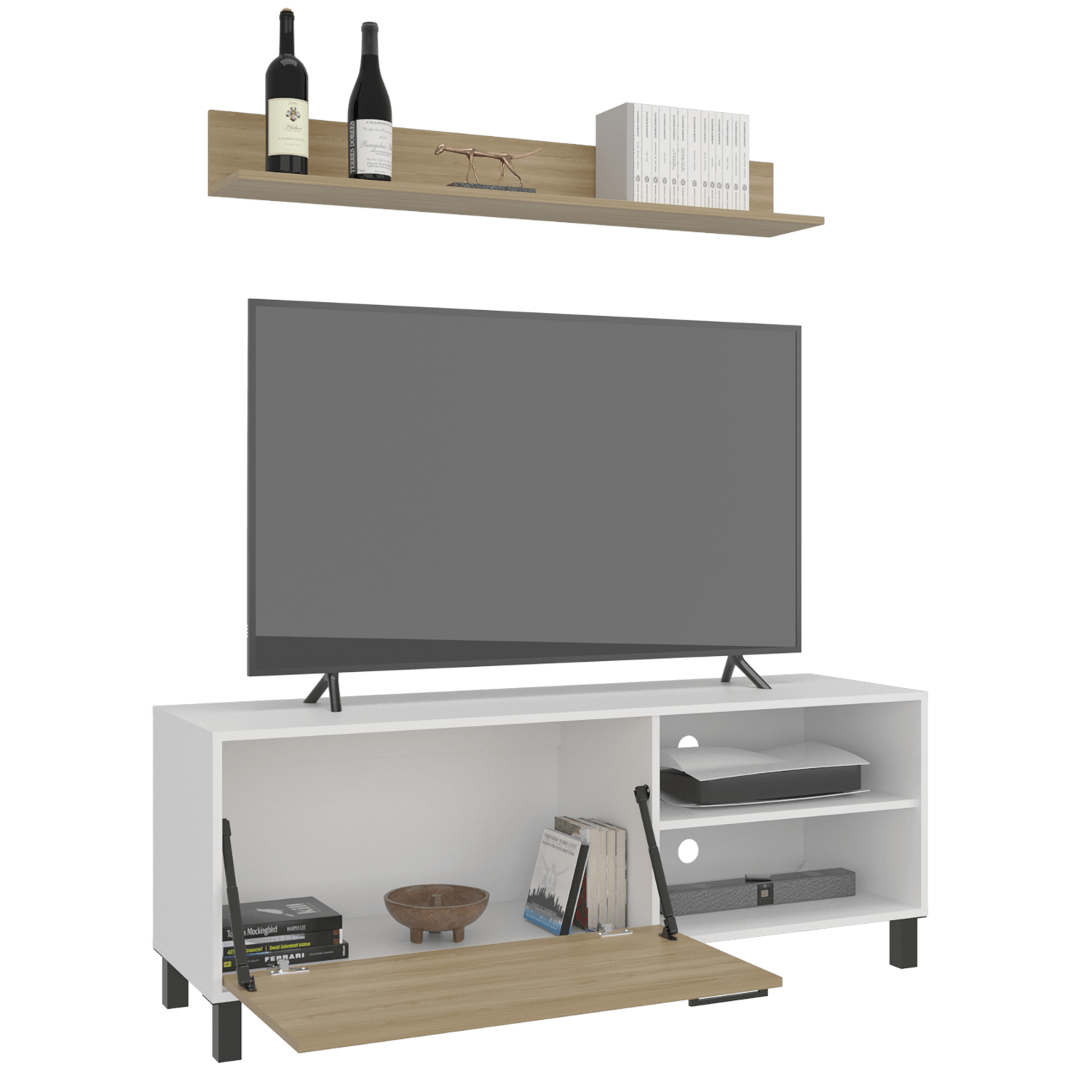 Rack Tv Bryce 55" + Repisa 53X140X40 Rta Blanco Fresno