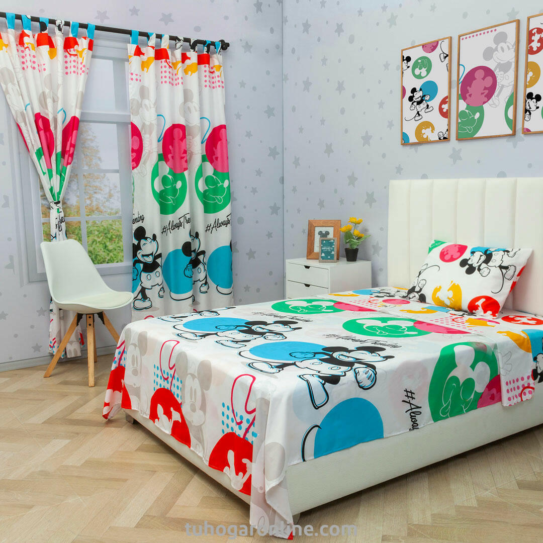 Juego De Sábana Con Cortinas Cama Sencilla Disney Mickey Blanco Estampados Animados