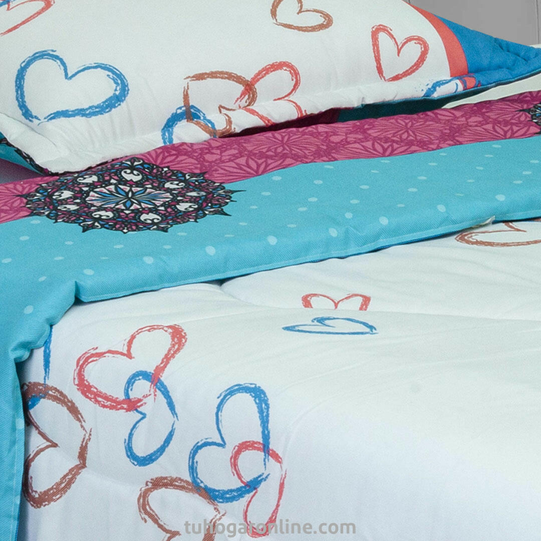 Cubrelecho Super Acolchado Cama Sencilla Corazones Entrelazados Fondo Blanco, Mándalas De Colores Fondo Azul