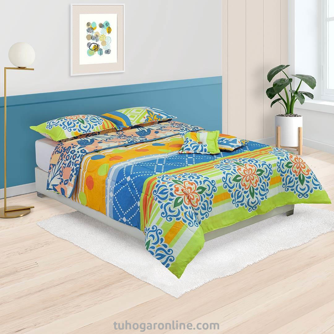 Cubrelecho Super Acolchado Cama Doble-Doble Faz Azul Verde Franjas Naranjas, Figura En Forma De Piel De Tigre Salmon Y Azul Esponjoso