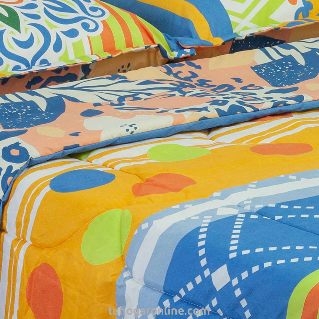 Cubrelecho Super Acolchado Cama Doble-Doble Faz Azul Verde Franjas Naranjas, Figura En Forma De Piel De Tigre Salmon Y Azul Esponjoso