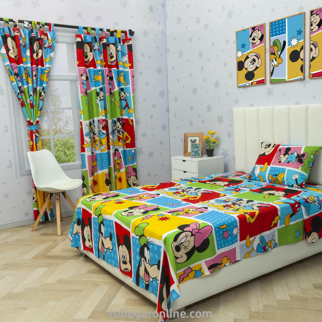 Juego De Sábana Con Cortinas Cama Sencilla Disney Mickey Y Sus Amigos Multicolor Estampados Animados