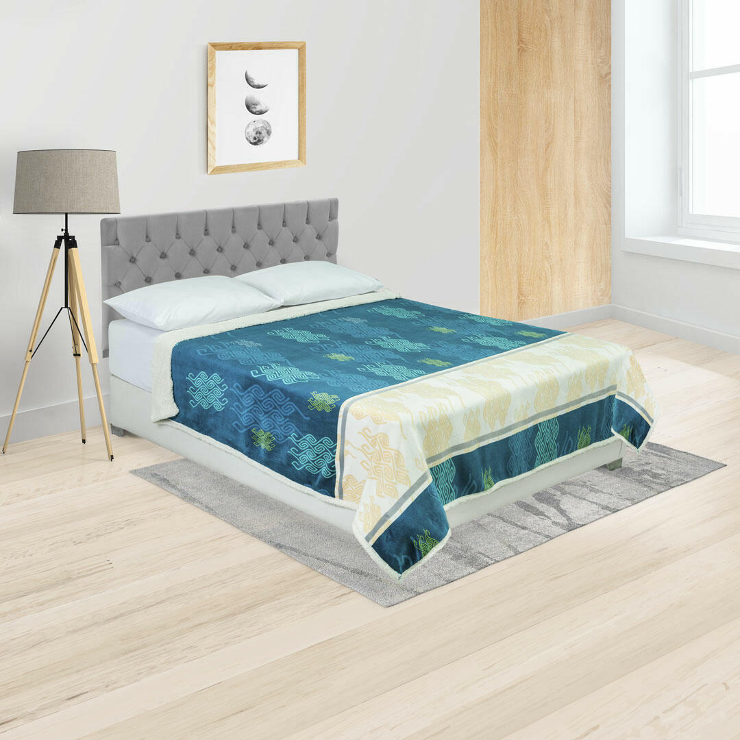 Cobija Ovejera Estampada Azul Amarillo - Beige Figuras Suave