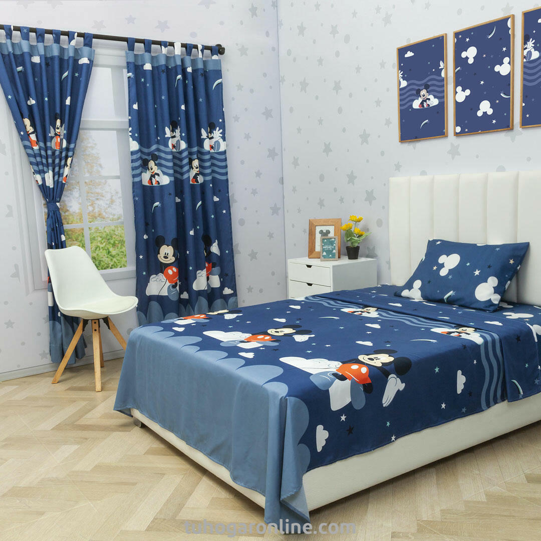 Juego De Sábana Con Cortinas Cama Sencilla Disney Mickey Jr Azul Estampados Animados