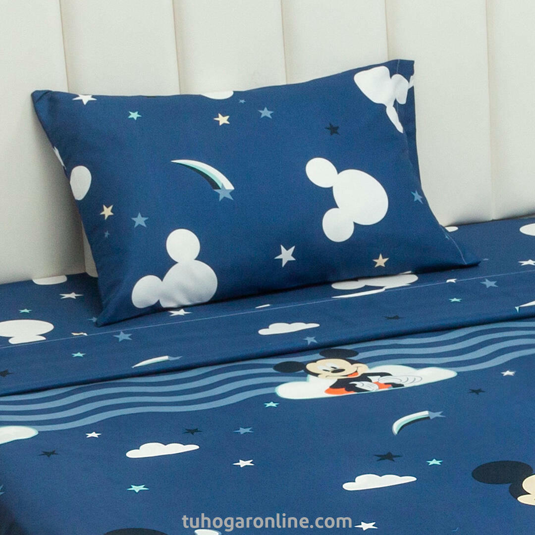 Juego De Sábana Con Cortinas Cama Sencilla Disney Mickey Jr Azul Estampados Animados