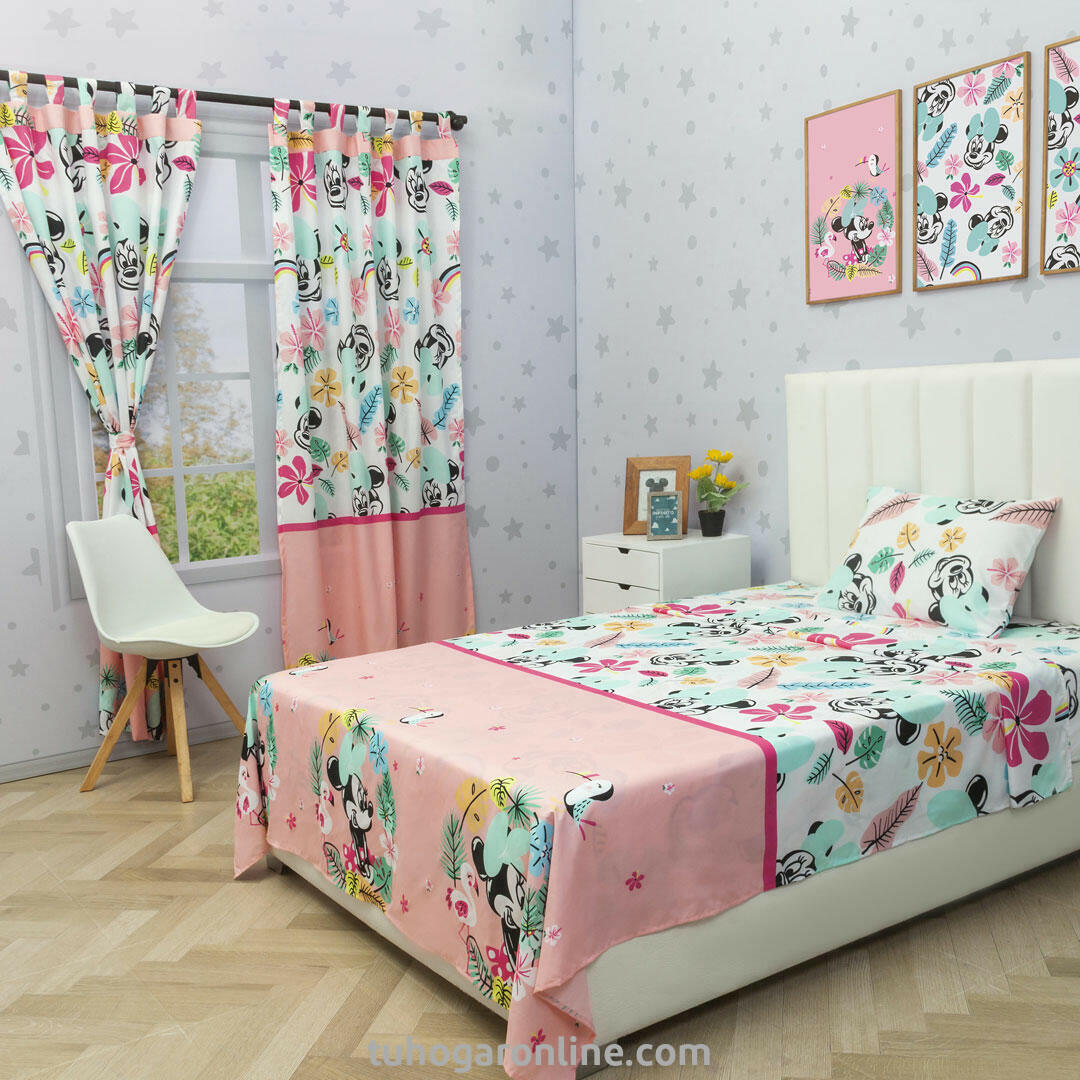 Juego De Sábana Con Cortinas Cama Sencilla Disney Minnie Fucsia Estampados Animados