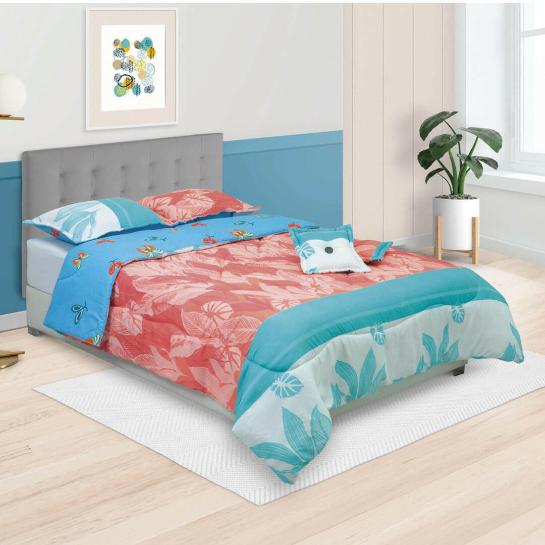 Cubrelecho Super Acolchado Blanca Azul Hojas Rosadas Franja Esponjoso