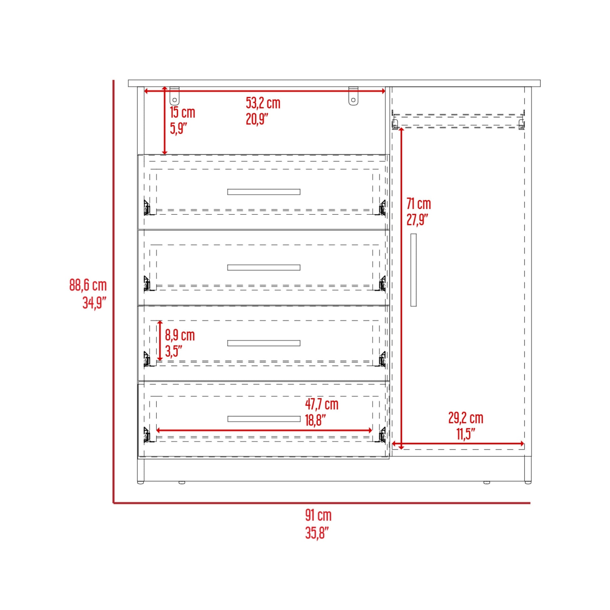 Comoda Peru 4 Cajones 1 Puerta 88X91X45 Rta Blanco