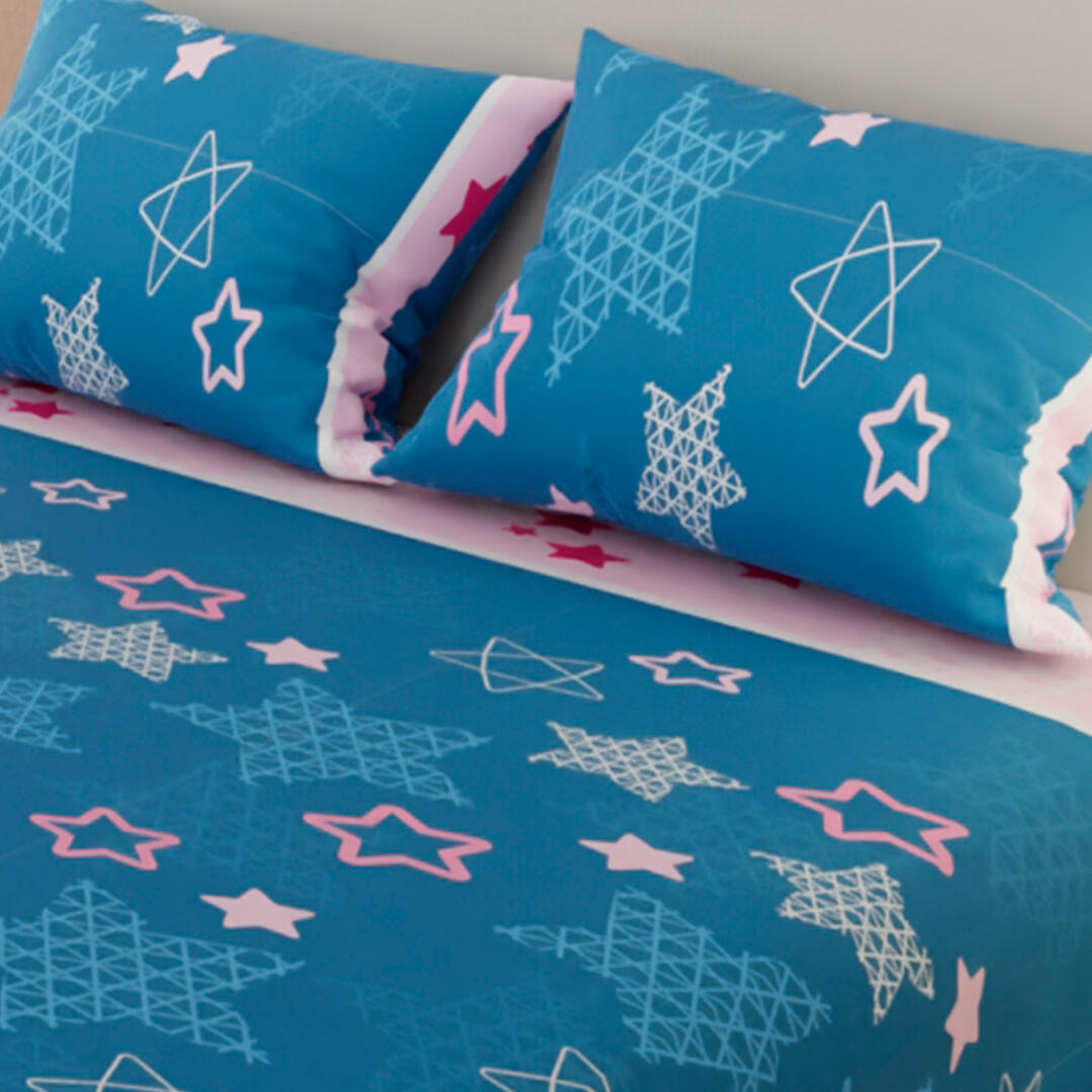 Sabana Ajustable Estrellas Fondo Rosado Con Azul