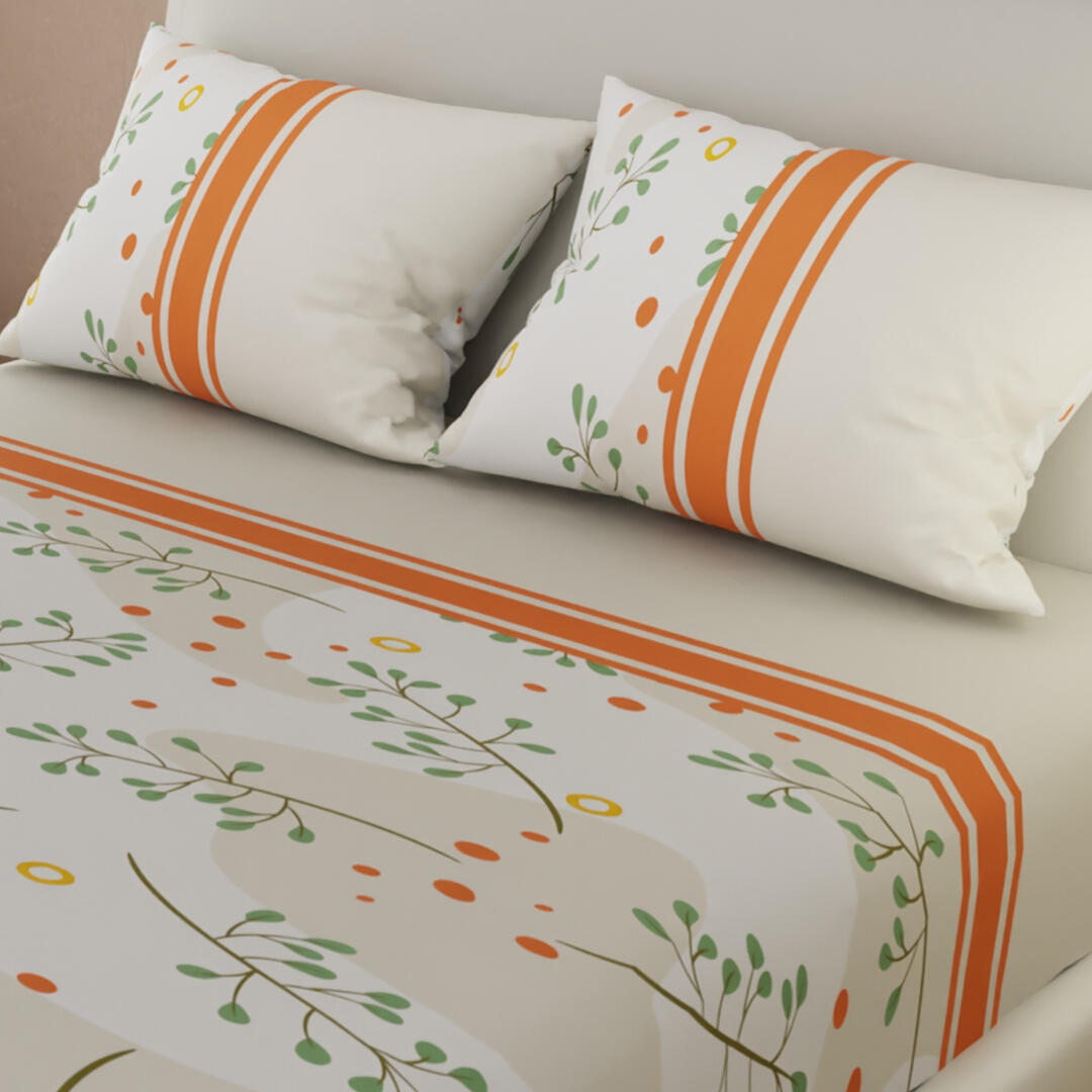 Sabana Ajustable Hojas De Verano En Naranja Y Beige