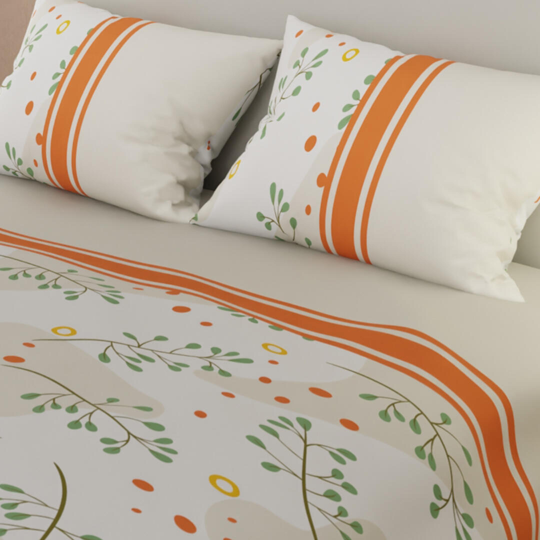 Juego De Sábanas Microfibra Suavizada Hojas De Verano En Beige Y Naranja