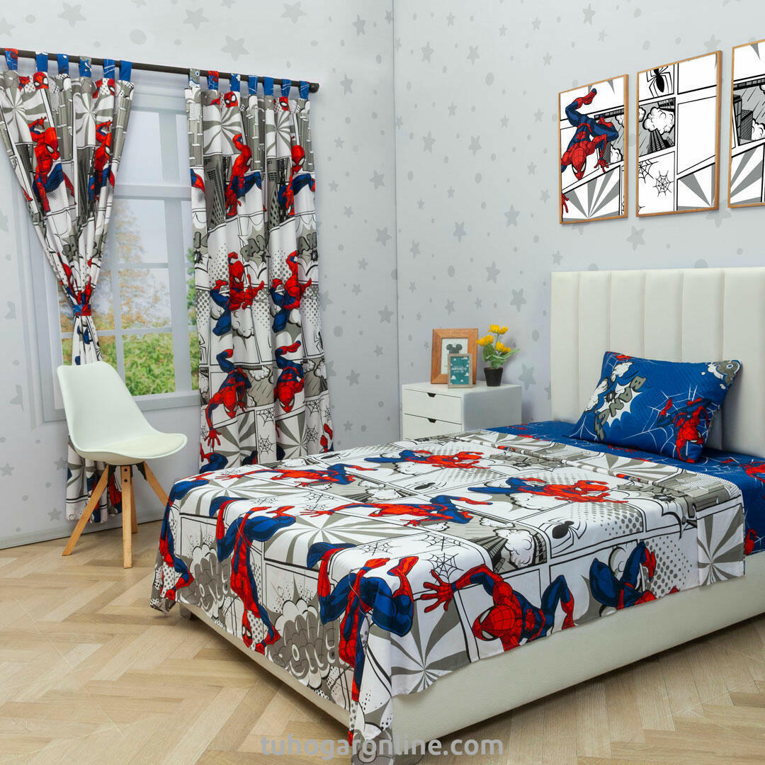 Juego De Sábana Con Cortina Disney Blanco Azul Spiderman Estampados Animados