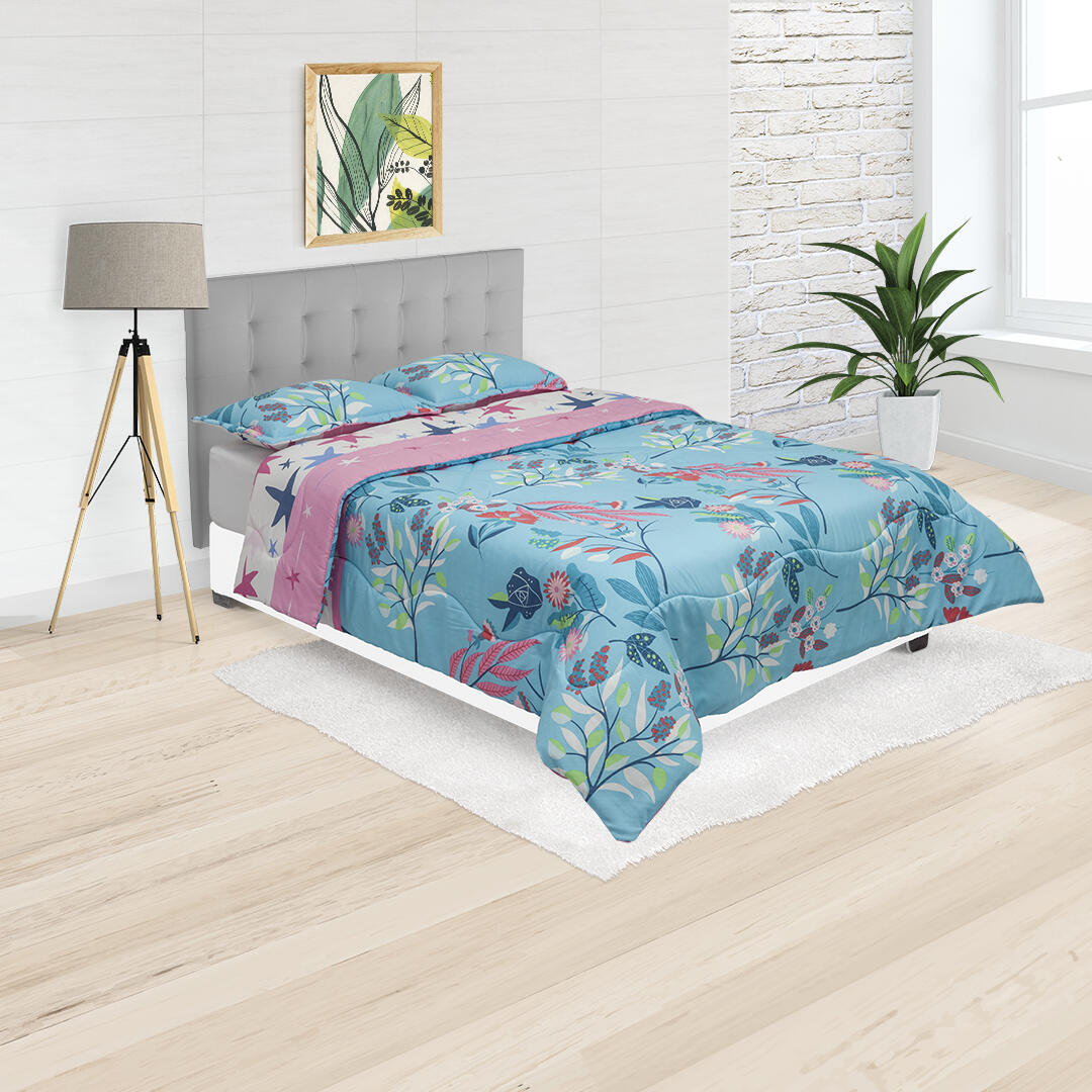 Cubrelecho Semiacolchado Doble Faz Verano Mágico Con Flores Y Estrellas
