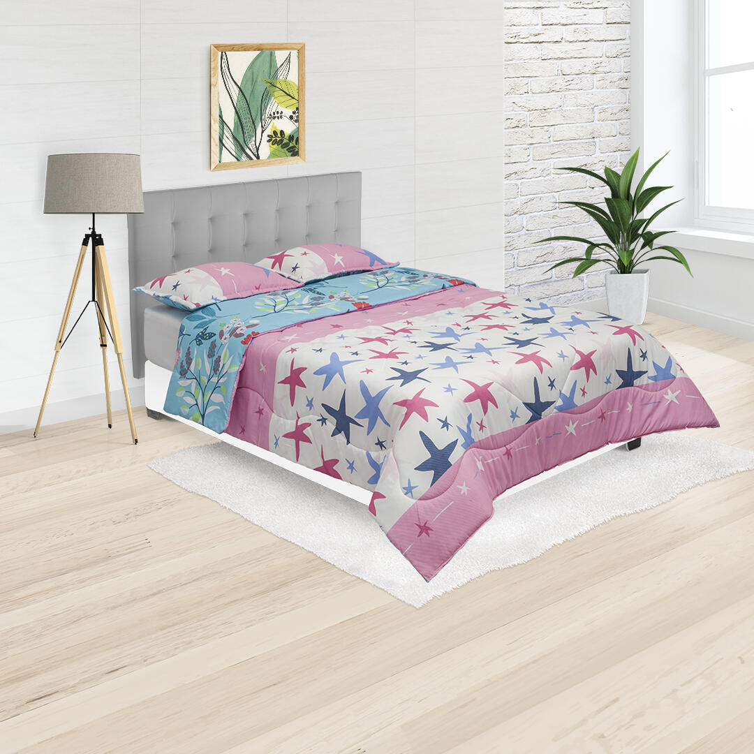Cubrelecho Semiacolchado Doble Faz Verano Mágico Con Flores Y Estrellas