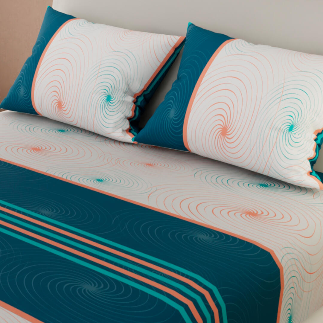 Sábana Ajustable Espirales Naranjas Fondo Azul Con Blanco Práctica
