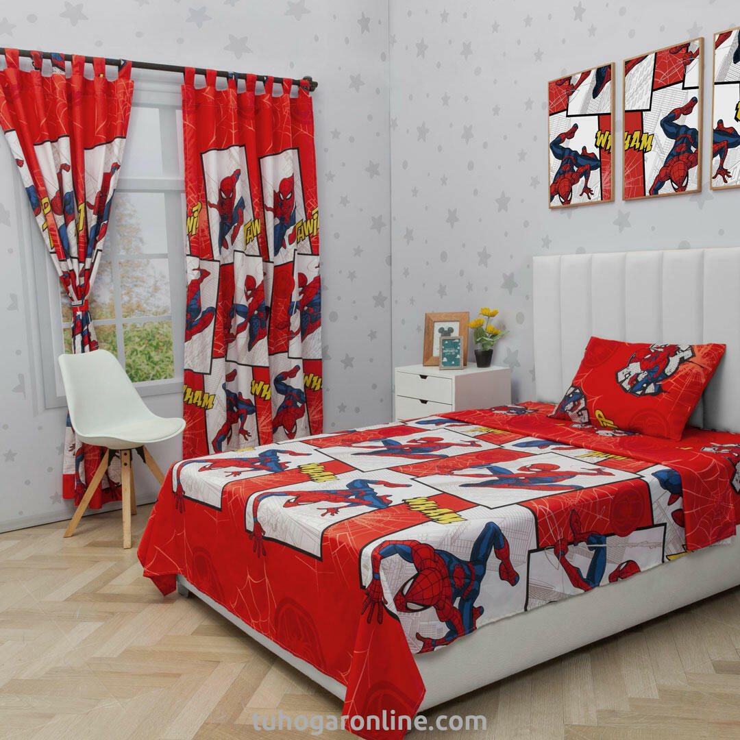 Juego De Sábana Con Cortina Disney Rojo Spiderman Estampados Animados