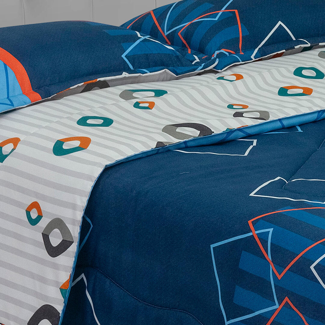 Cubrelecho Semiacolchado Doble Faz  Figuras Geometricas Blancas Naranjas Fondo Azul