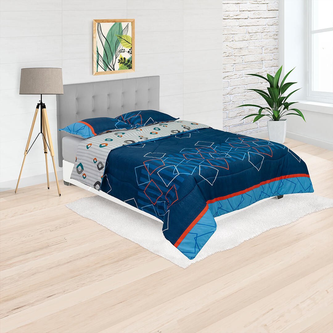 Cubrelecho Semiacolchado Doble Faz  Figuras Geometricas Blancas Naranjas Fondo Azul