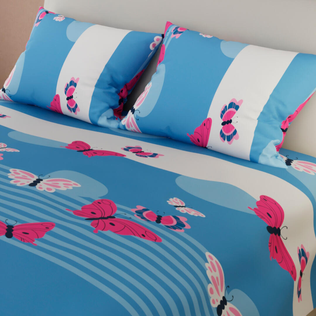 Juego De Sábanas Con Cortinas Azul Lavanda Con Blanco Mariposas Colorida