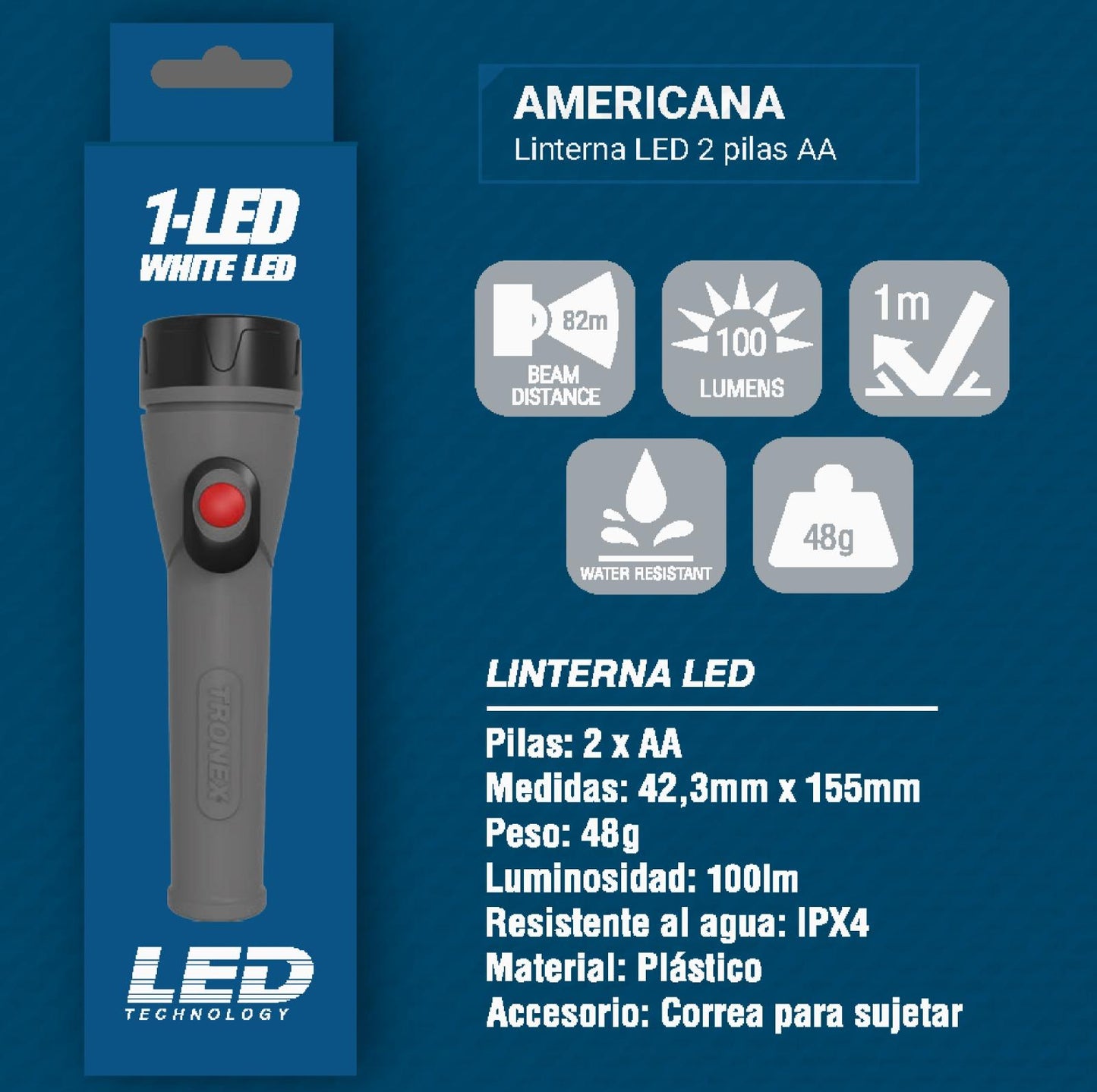 Linterna Tronex Americana 1 Led 100 Lumenes Plastica Gris Pila Aa Trl25Lr6Plgr