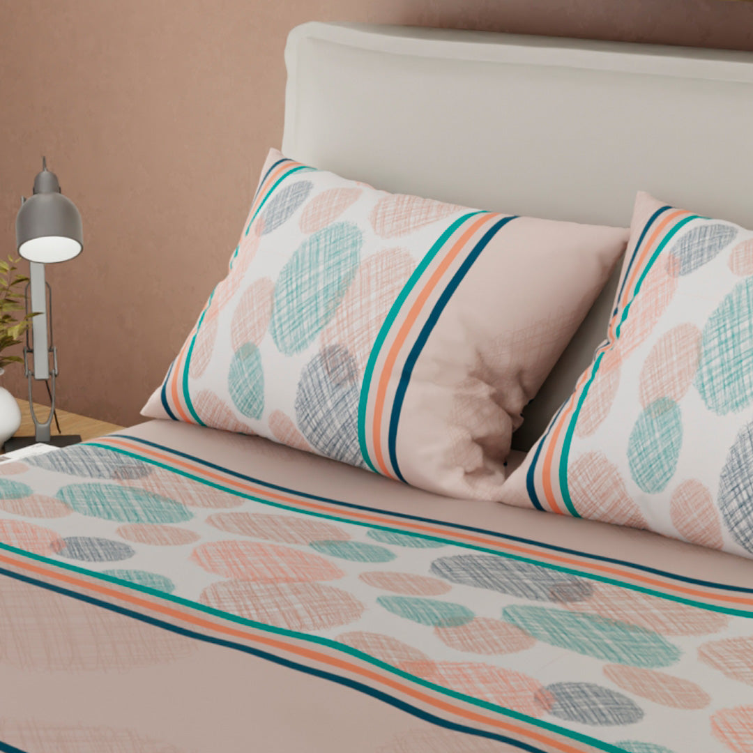 Juego De Sábanas Con Cortinas Beige Círculos En Rayas Ultra Suave
