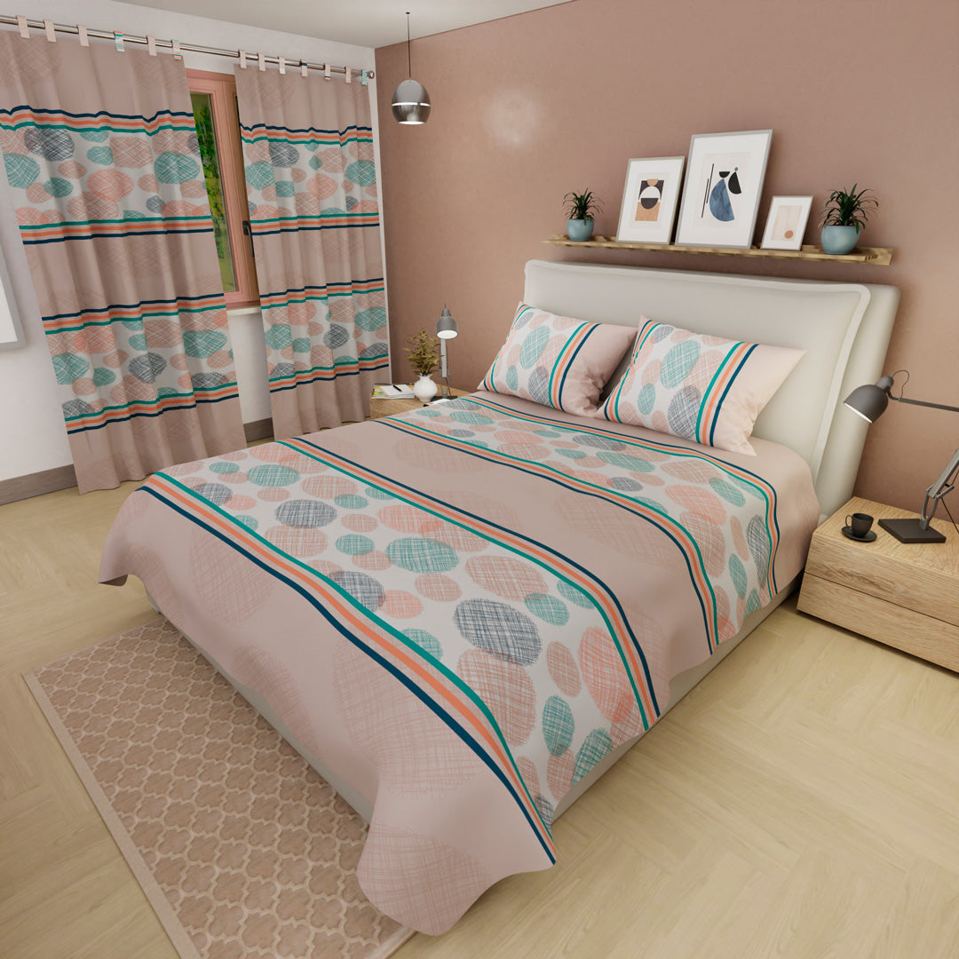 Juego De Sábanas Con Cortinas Beige Círculos En Rayas Ultra Suave