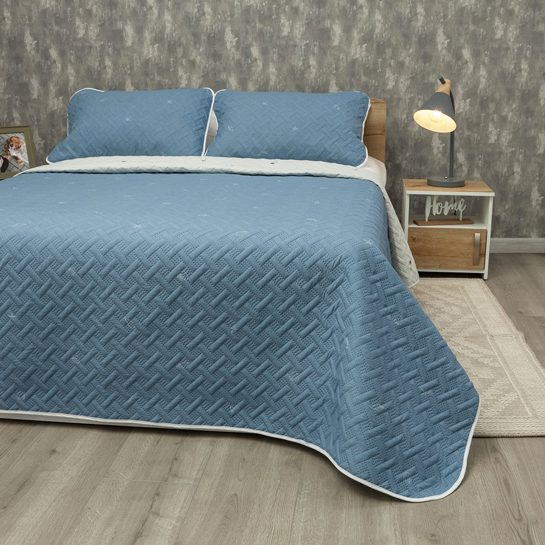 Cubrelecho Termosellado Doble Faz Cotton Sense Palm Stars Textura Azul
