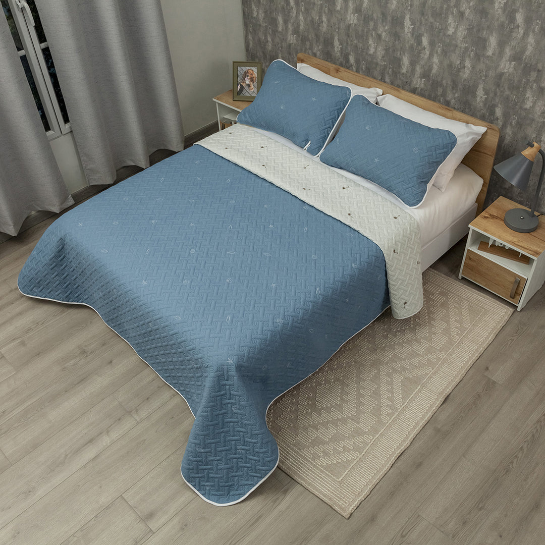 Cubrelecho Termosellado Doble Faz Cotton Sense Palm Stars Textura Azul
