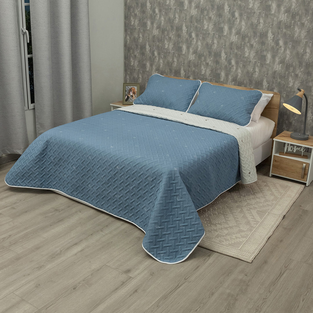 Cubrelecho Termosellado Doble Faz Cotton Sense Palm Stars Textura Azul