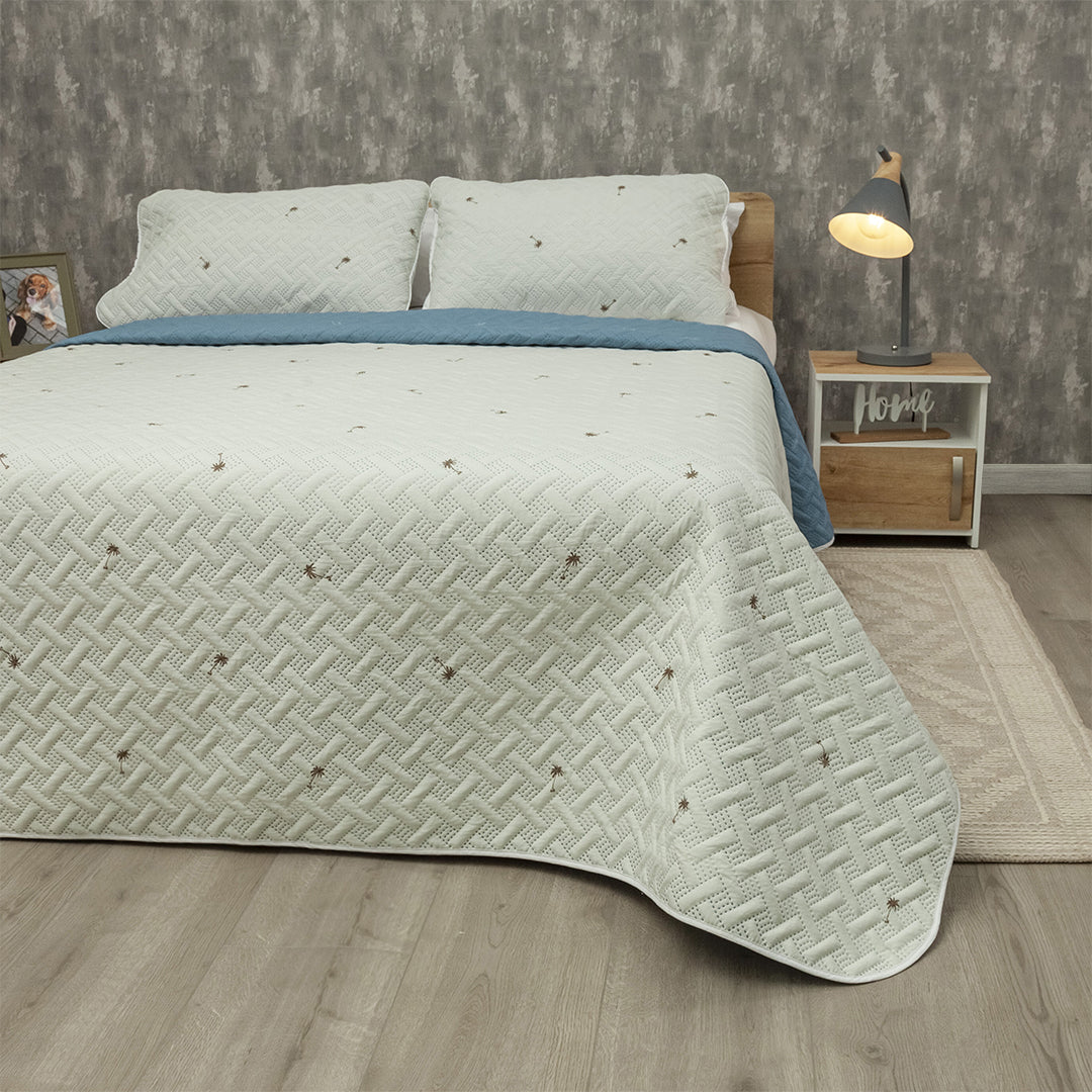 Cubrelecho Termosellado Doble Faz Cotton Sense Palm Stars Textura Azul