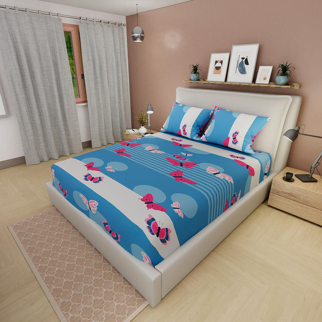 Sábana Ajustable Mariposas Fondo Azul Lavanda Con Blanco Práctica
