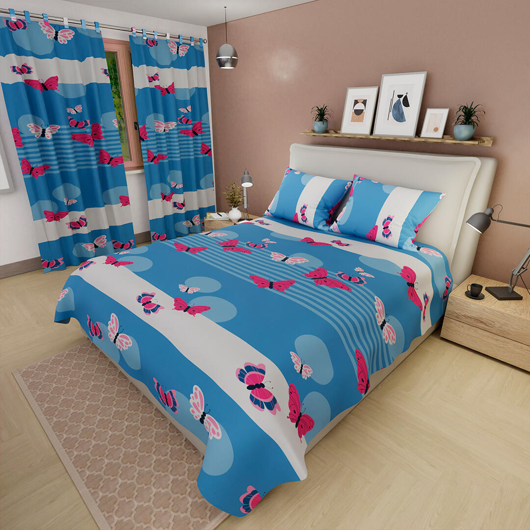 Juego De Sábanas Con Cortinas Azul Lavanda Con Blanco Mariposas Colorida