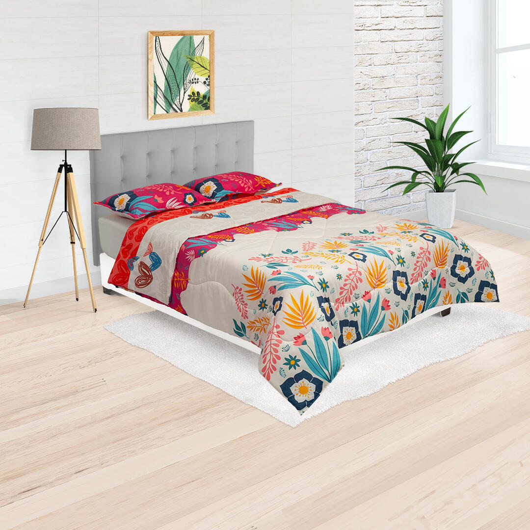 Cubrelecho Semiacolchado Doble Faz Fucsia Blanco Flores Espigas Suavemente Acolchado