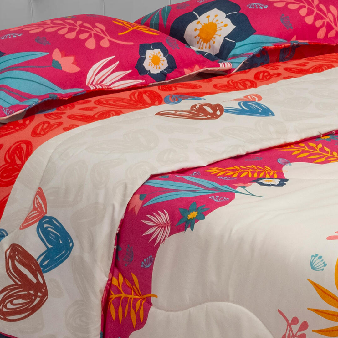 Cubrelecho Semiacolchado Doble Faz Fucsia Blanco Flores Espigas Suavemente Acolchado