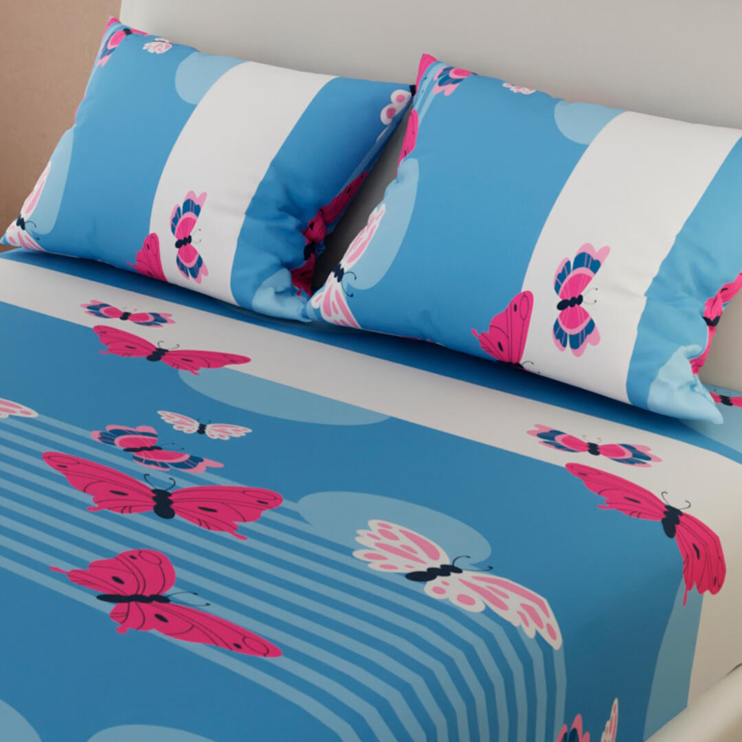 Sábana Ajustable Mariposas Fondo Azul Lavanda Con Blanco Práctica