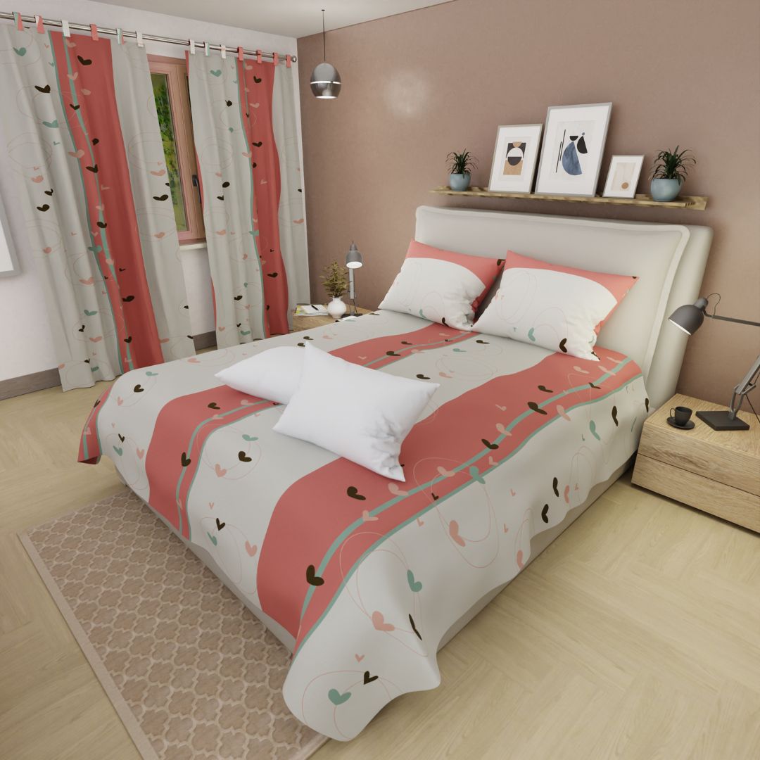 Combo Juego De Sábanas Con Cortinas Líneas De Amor Y Un Par De Almohada
