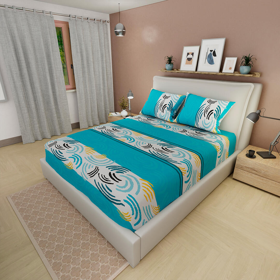 Sábana Ajustable Patrón De Ondas Fondo Blanco Con Azul Celeste Práctica