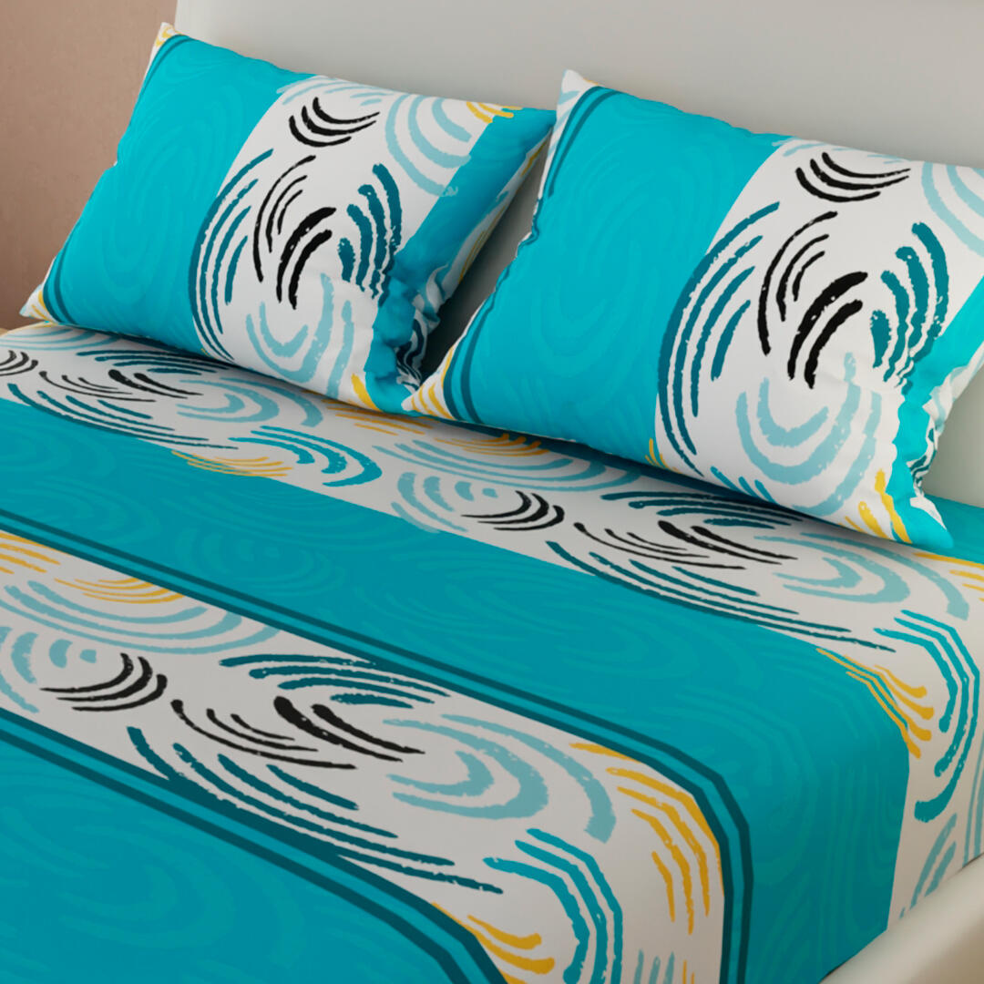 Sábana Ajustable Patrón De Ondas Fondo Blanco Con Azul Celeste Práctica