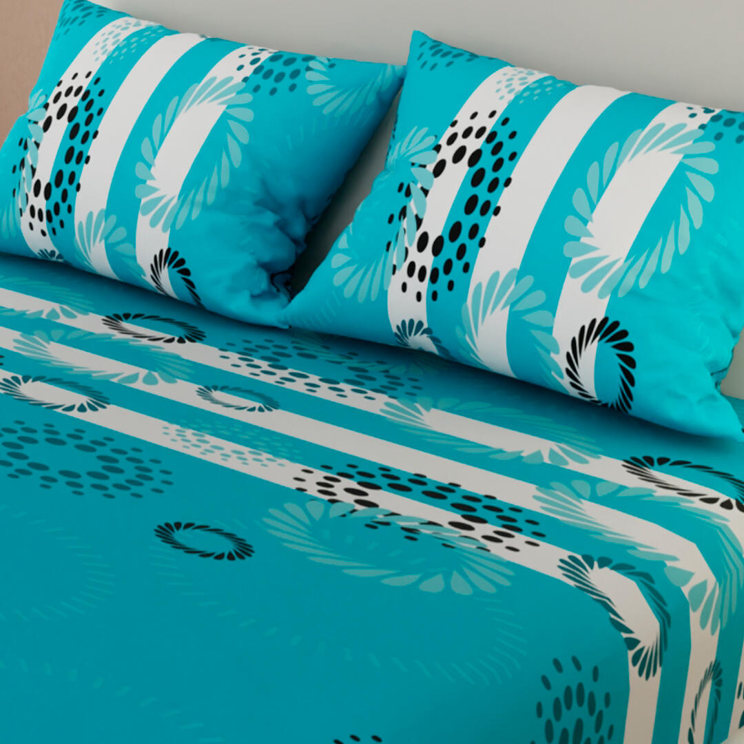 Sábana Ajustable Patrón Brisa Tropical Fondo Azul Con Líneas Blancas Práctica