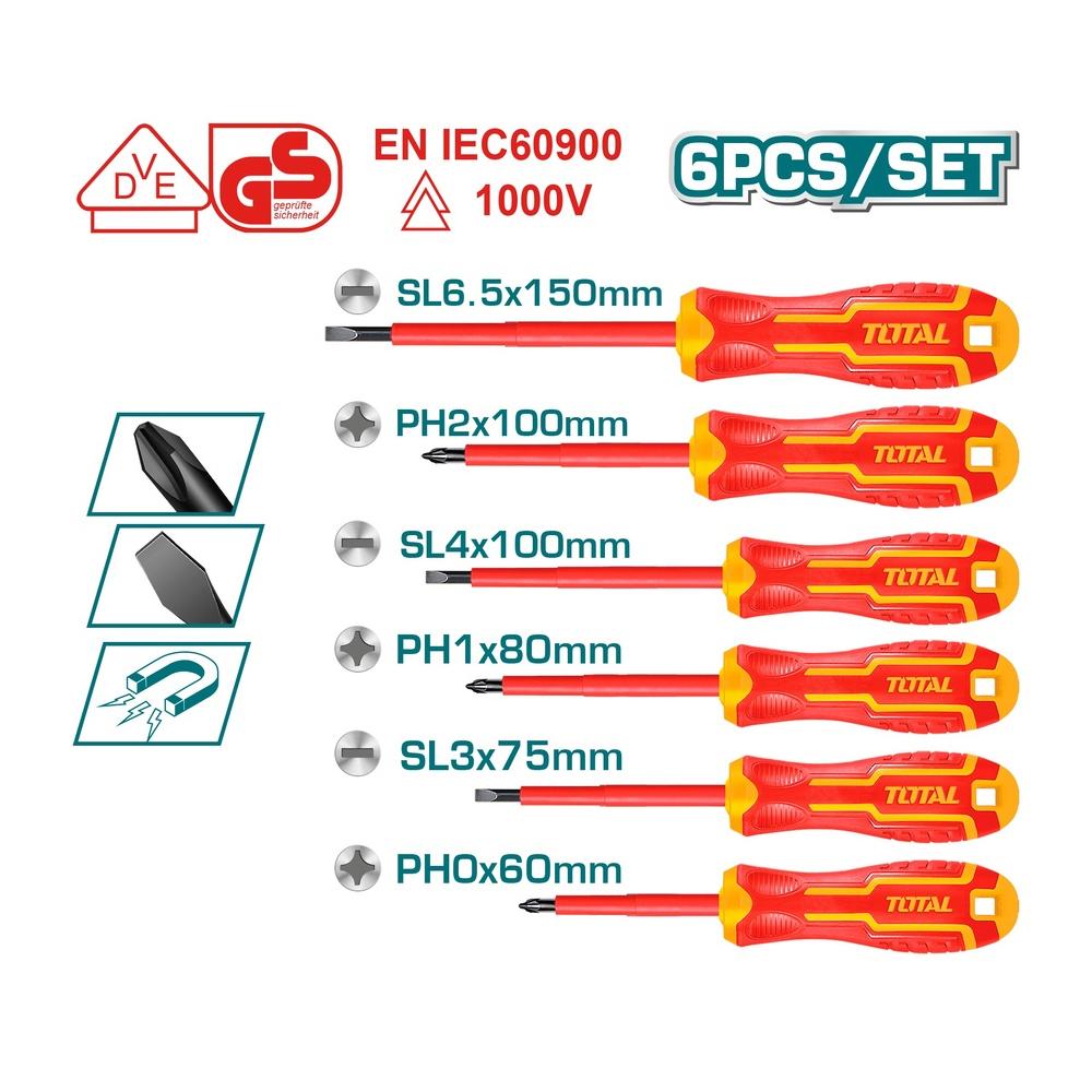 Destornillador Aislado 1000V Industrial Amarillorojo Juego X 6 Pzs Total Thtis566