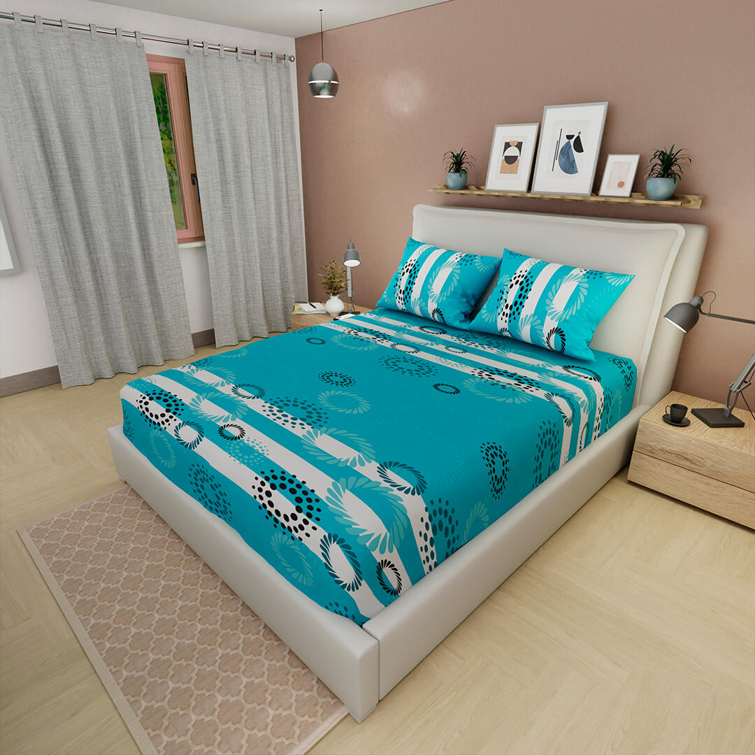 Sábana Ajustable Patrón Brisa Tropical Fondo Azul Con Líneas Blancas Práctica