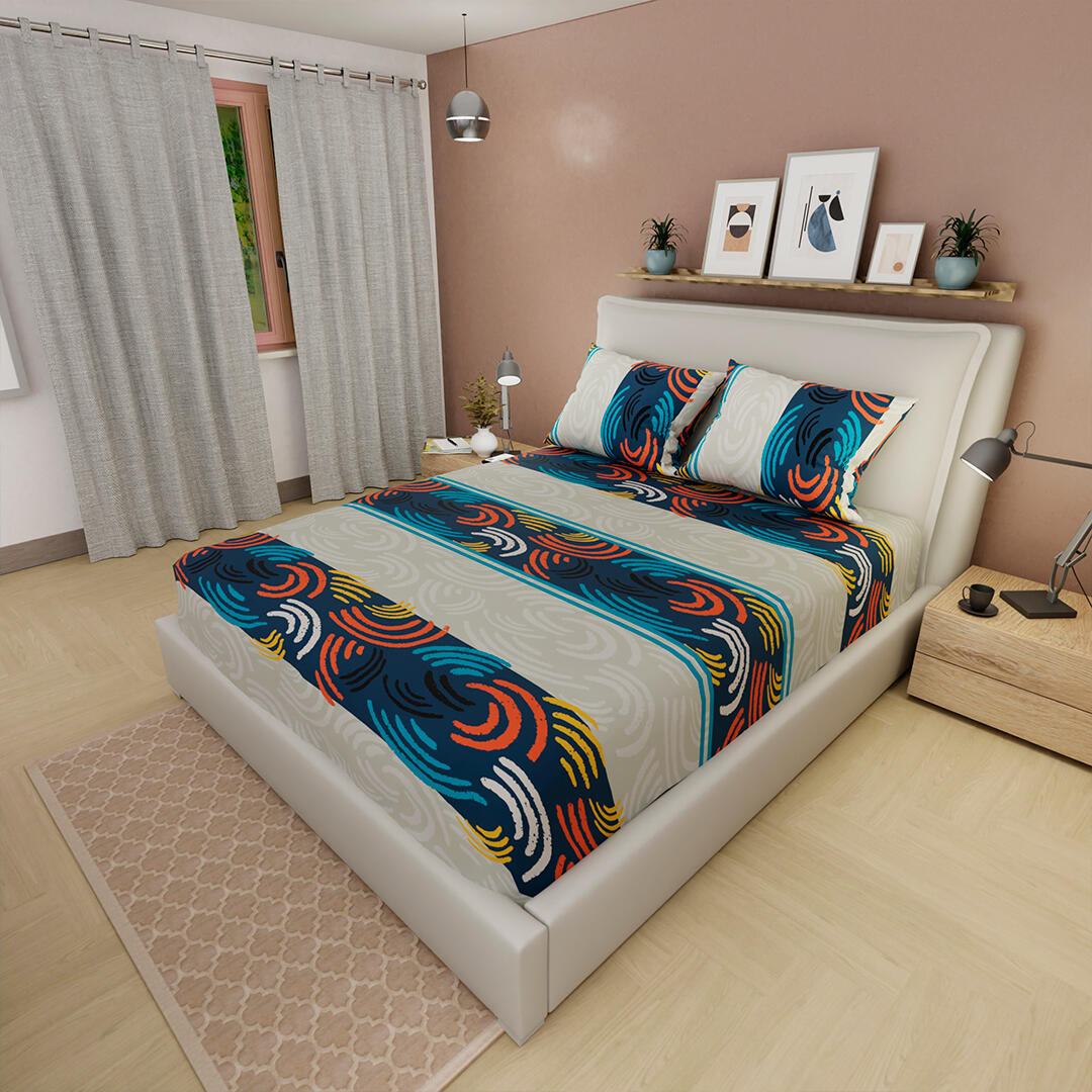 Sábana Ajustable Ondas De Colores Fondo Gris Claro Con Azul Práctica