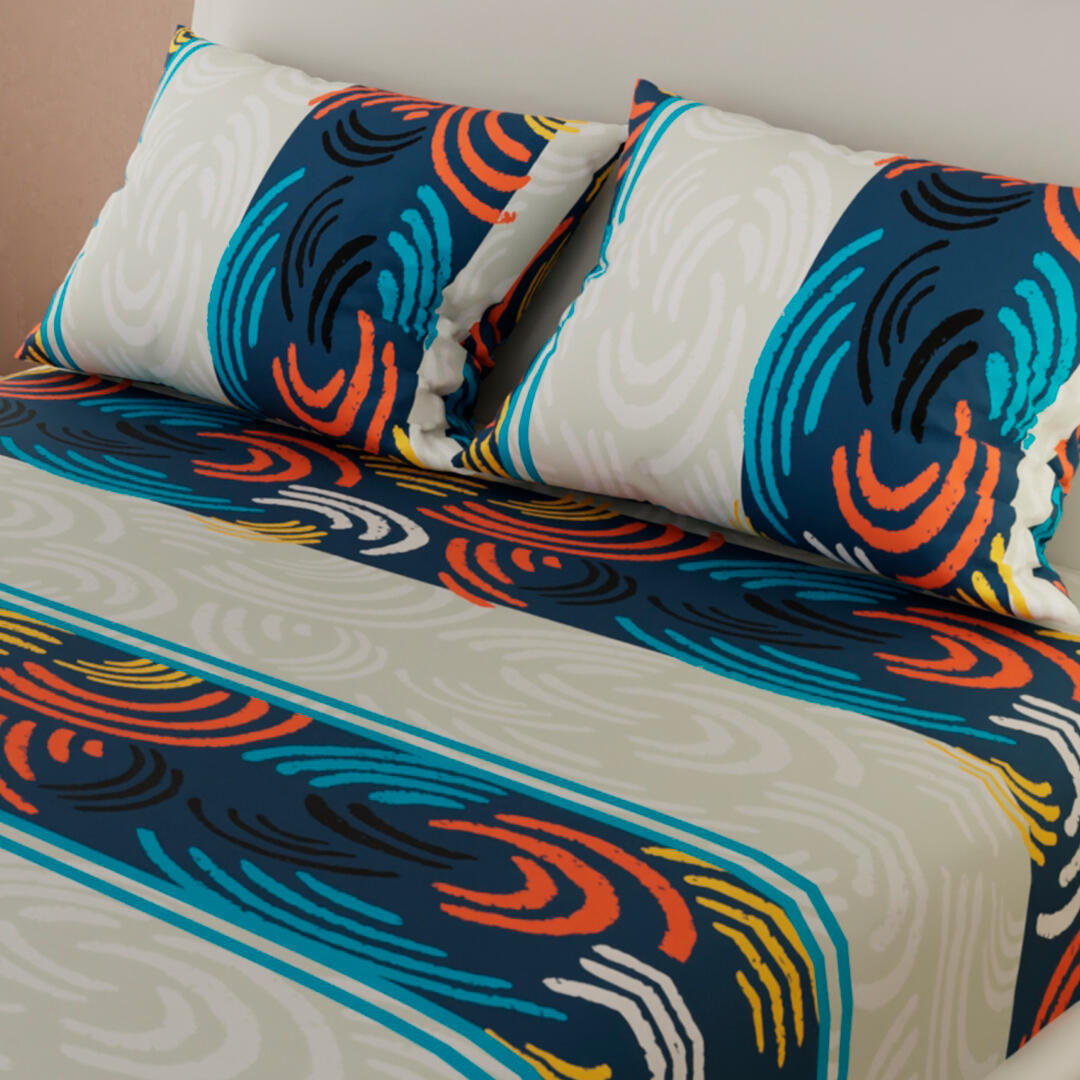 Sábana Ajustable Ondas De Colores Fondo Gris Claro Con Azul Práctica